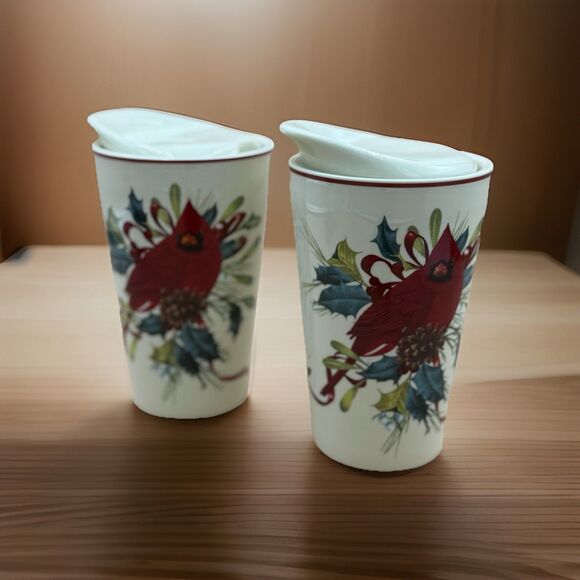 Vtg Lenox Winter Greetings Cardinal Insulated Ceramic Tumblers w/Lids (Set of 2)